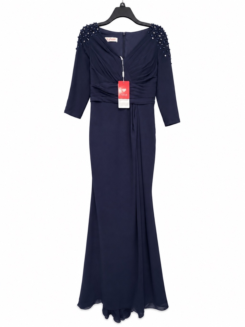 JJs House Navy Long Sleeve Evening Gown with Beaded Shoulders